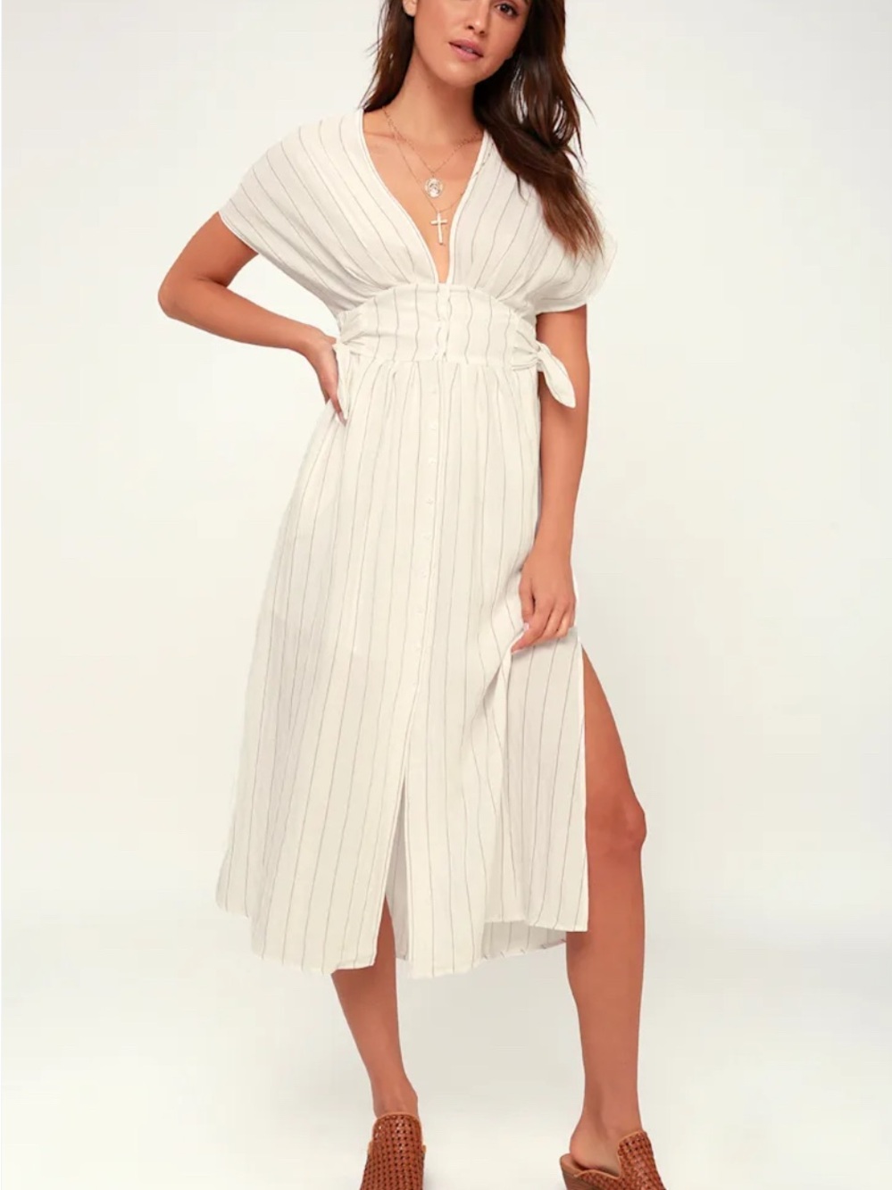 Lulu's Cream Pinstriped V-Neck Midi Dress with Waist Tie